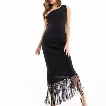 Платье Asos Design One Shoulder Draped Fringe Trim Midi, черный