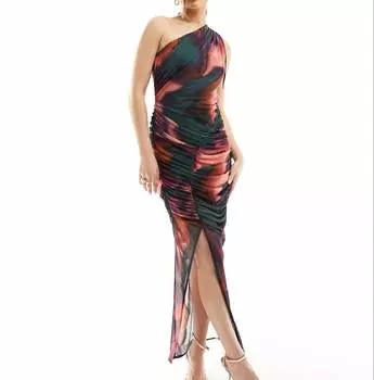 Платье Asos Design One Shoulder Ruched Mesh Midi, красный/темно-зеленый