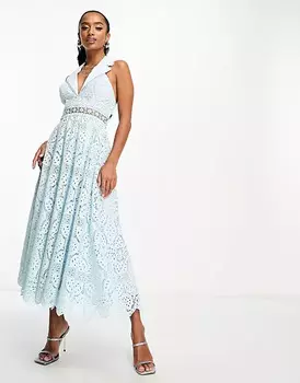 Платье Asos Design Petite lace collar with open back detail, светло-голубой