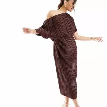 Платье Asos Design Plisse Fallen Shoulder Midi, коричневый