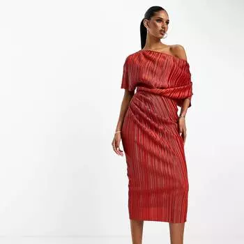 Платье Asos Design Plisse Fallen Shoulder Midi, красный
