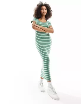Платье Asos Design Ribbed Scoop Neck Midaxi With Cap Sleeve, зеленый/белый