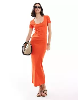 Платье Asos Design Ribbed Scoop Neck Midaxi With Cap Sleeve, красный