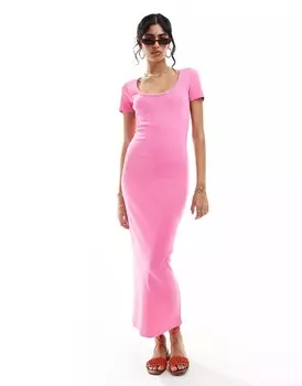 Платье Asos Design Ribbed Scoop Neck Midaxi With Cap Sleeve, розовый