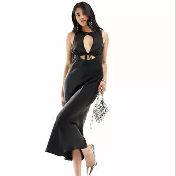Платье Asos Design Satin Cut Out Midi With Tie Front Detail, черный