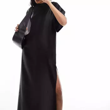 Платье Asos Design Satin Oversized Midi Tshirt, черный