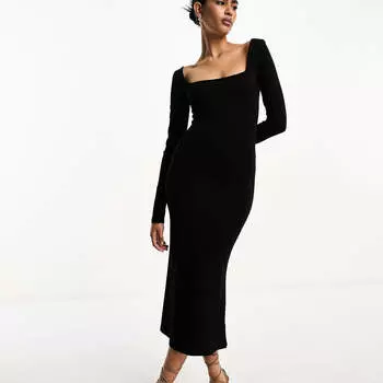 Платье Asos Design Square Neck Softline Long Sleeve Midi, черный