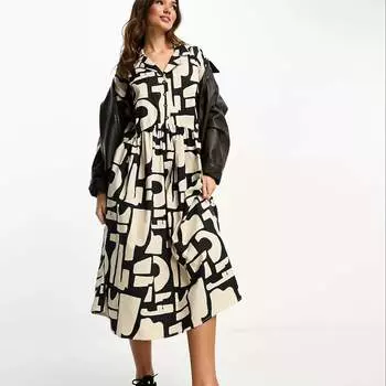 Платье Asos Design Twill Collared Button Midi Smock, бежевый/черный