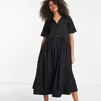 Платье Asos Design Twill Collared Button Midi Smock, черный
