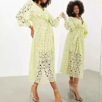 Платье Asos Edition Broderie Wrap Belted, желтый