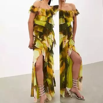 Платье Asos Edition Chiffon Bardot Ultimate, зеленый