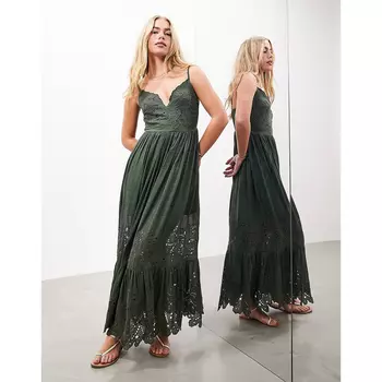 Платье Asos Edition Embroidered Cami With Cutwork Detail, хаки
