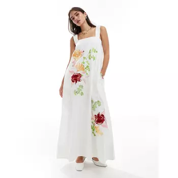 Платье Asos Edition Embroidered Floral Square Neck Midi, белый