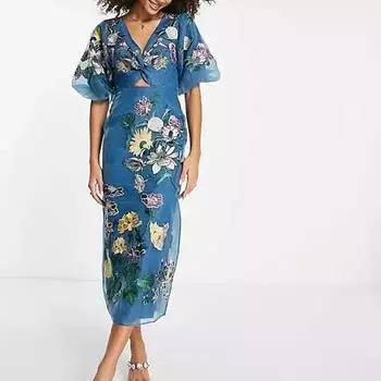 Платье Asos Edition Floral Embroidered, синий