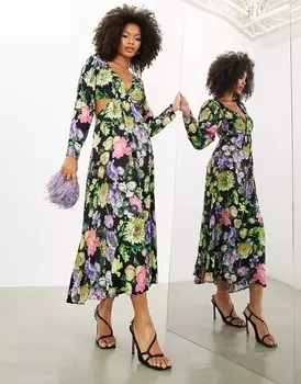 Платье Asos Edition Satin Floral Print, черный