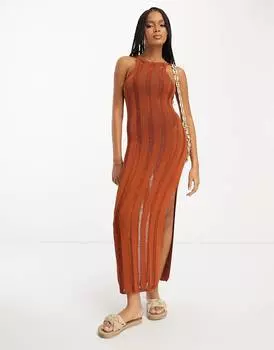 Платье Asos Edition Strappy Ladder Knitted Maxi, оранжево-коричневый