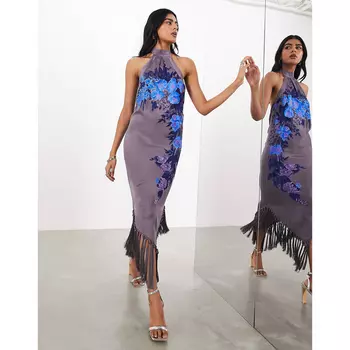 Платье Asos Edition Trailing Floral Embroidered Fringe Hem Halter, темно-серый