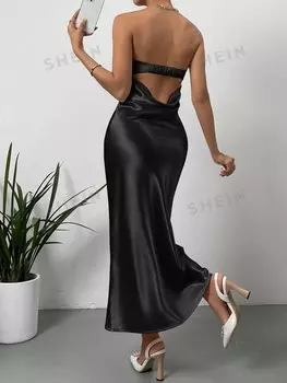 Платье атласное Shein Bae с V-образным вырезом и открытой спиной, черный