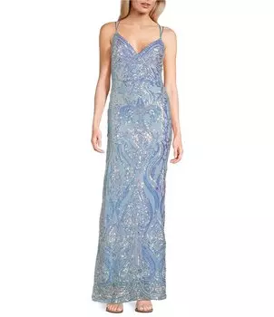 Платье B. Darlin с двойными бретельками, V-образным вырезом, шнуровкой и пайетками сзади, синий