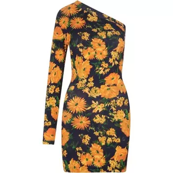 Платье Balenciaga One Shoulder In Floral Jersey, черный/оранжевый
