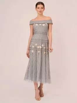 Платье-бандо Adrianna Papell с цветочным принтом и бисером, Silver Mist