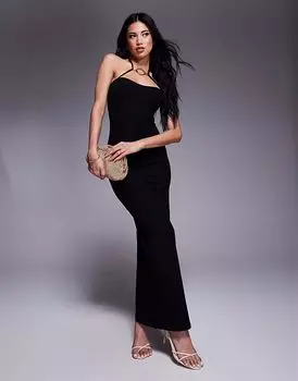 Платье-бандо ASOS DESIGN с бретельками и золотой отделкой мидакси черного цвета