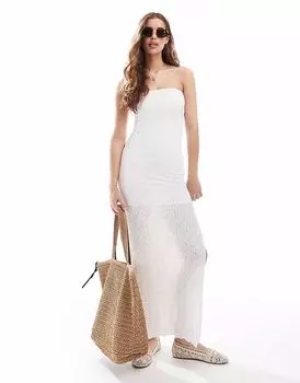 Платье-бандо Bershka облегающего макси-кроя со сборками белого цвета