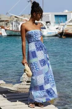 Платье бандо без рукавов с присборенной юбкой макси Friends Like These, синий