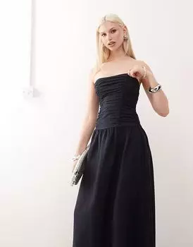 Платье-бандо Lioness Lush из льняной смеси с отделкой лифом и сборками, темно-синего цвета