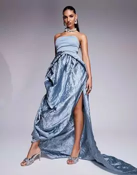 Платье-бандо макси премиум-класса с юбкой из фактурной тафты синего цвета ASOS DESIGN