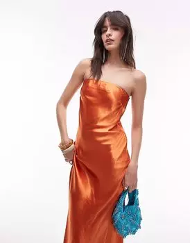 Платье-бандо макси Topshop из атласа цвета ржавчины