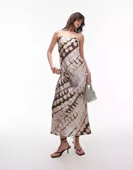 Платье-бандо макси Topshop из атласа с абстрактным животным принтом