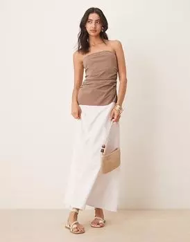 Платье-бандо миди ASOS DESIGN с юбкой из поплина цвета мокко и белого цвета
