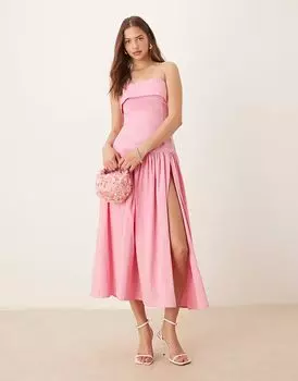 Платье-бандо миди ASOS DESIGN с отворотом и асимметричной отделкой розового цвета