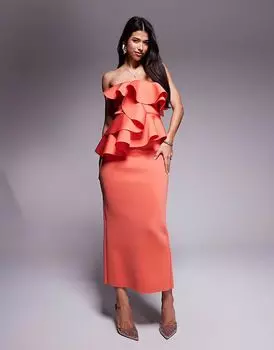 Платье-бандо миди с оборками и водолазкой ASOS DESIGN кораллового цвета