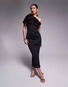 Платье-бандо миди с пышными рукавами и структурированным кроем ASOS DESIGN Petite черного цвета ASOS Petite