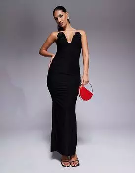 Платье-бандо миди с рюшами и корсажами черного цвета ASOS DESIGN