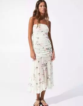 Платье-бандо Pull&Bear с цветочным принтом и сеткой мятного цвета