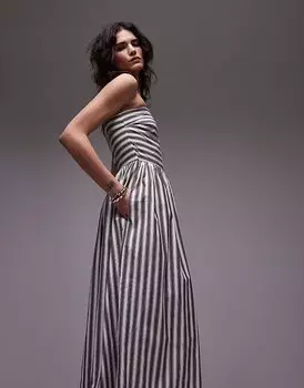 Платье-бандо Topshop с широким подолом в выбеленную полоску