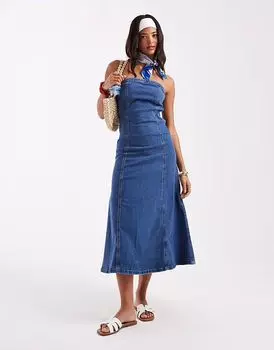 Платье-бандо Vero Moda из денима в стиле фигурного катания, средне-синего цвета