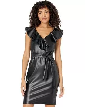 Платье Bebe Faux Leather Ruffle Wrap, черный