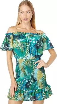 Платье Bebe Off-the-Shoulder Ruffle Dress, цвет Jungle Palm