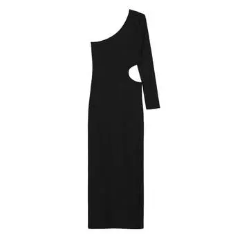 Платье Bershka Long Asymmetric With Long Sleeves And Cut Out Detail, черный