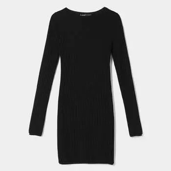 Платье Bershka Long Sleeve Mini Ribbed, черный