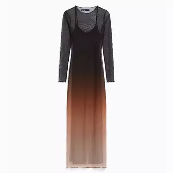 Платье Bershka Long Tulle With Long Sleeves And A Print, черный