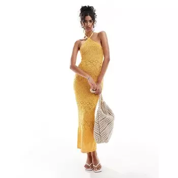 Платье Bershka Textured Halterneck Knitted Maxi, оранжевый
