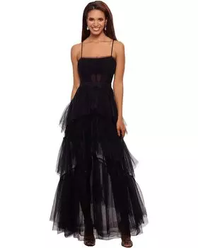 Платье Betsy & Adam Long Corset Tiered Mesh Illusion Gown, черный