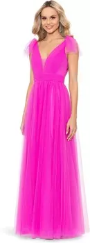 Платье Betsy & Adam Long Mesh V-Neck Ballgown, цвет Hot Pink