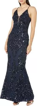 Платье Betsy & Adam Long Sequins Placement Illusion, темно-синий
