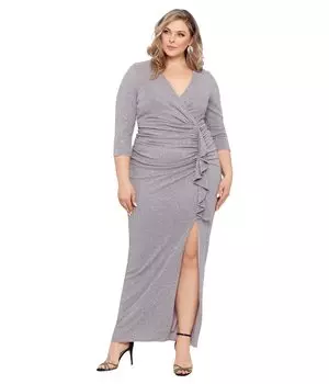 Платье Betsy & Adam, Plus Size 3/4 Sleeve V-Neck Rouched Glitter Gown